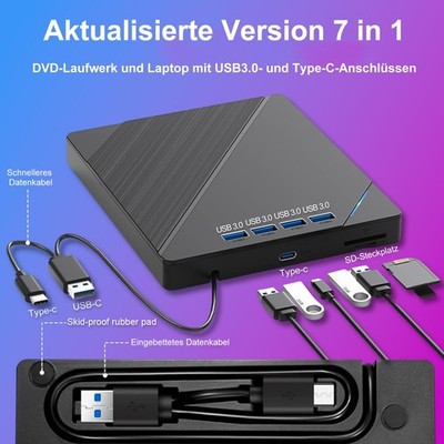 7 in 1 Externes CD/DVD Laufwerk USB 3.0 Brenner Player für PC Laptop Windows