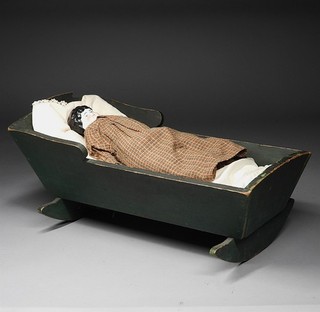 1880 Country Primitive Green Painted Pine Childs Rocking Cradle & China Doll