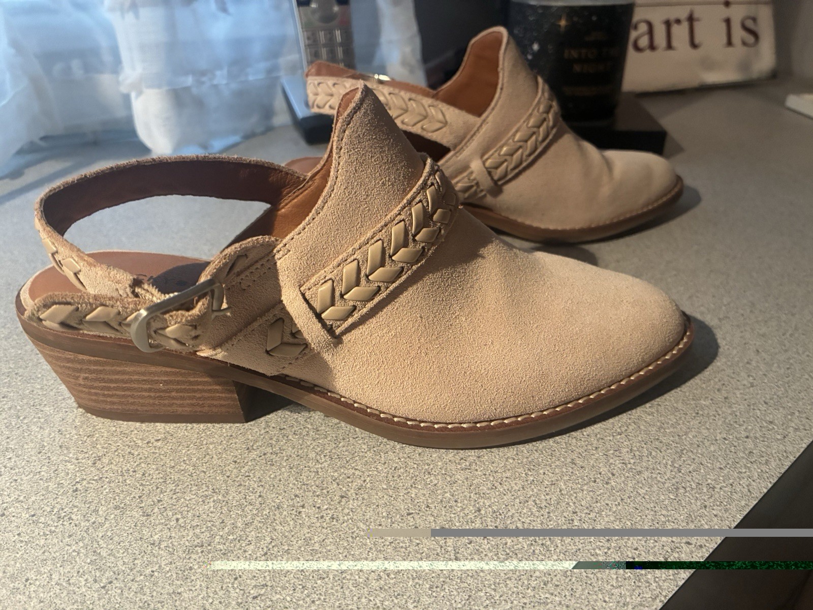 Lucky Brand Beige Suede Braided Slingback Sandals Block Heel 7.5