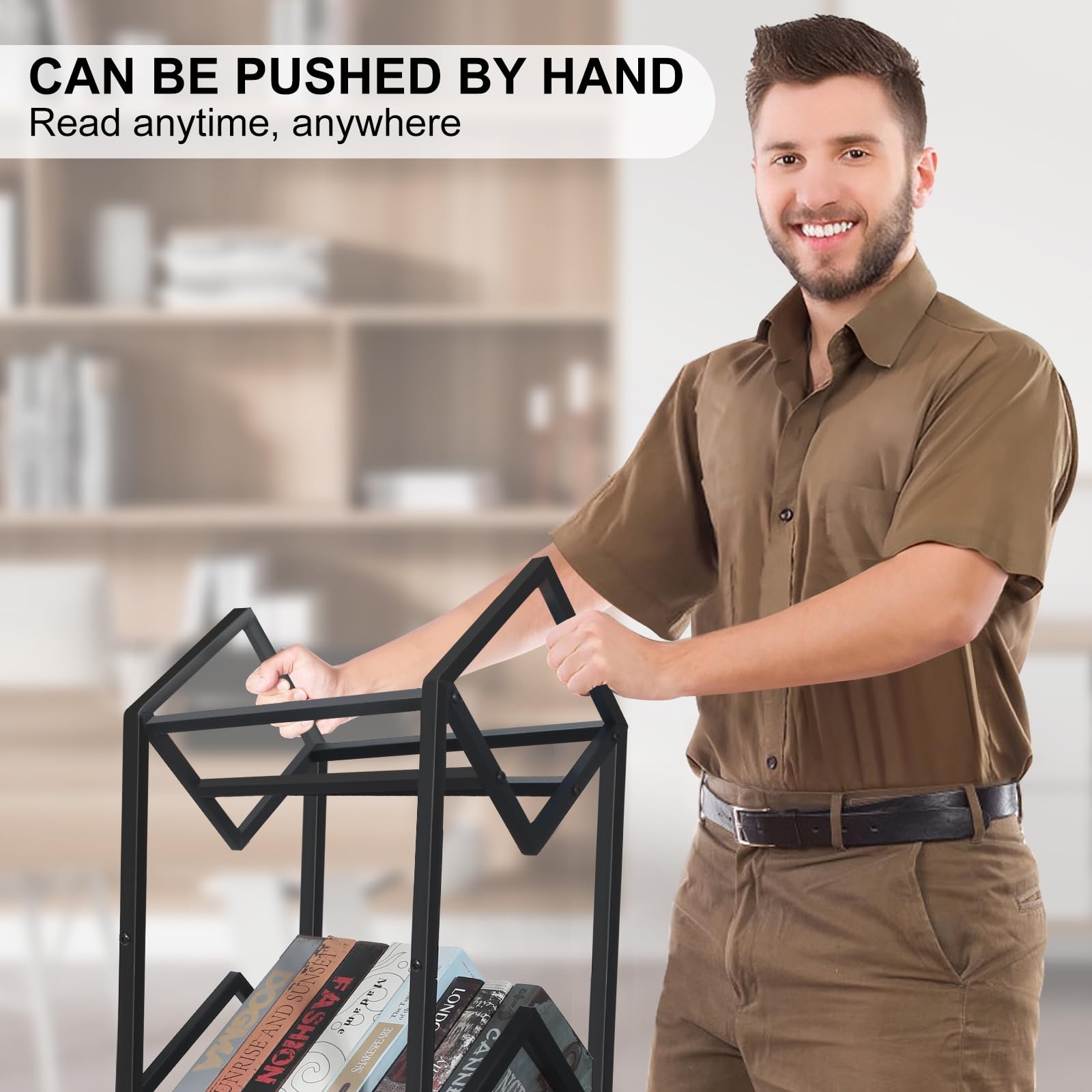 360°Rotation Wheels 3-Tier Metal Book Carts Used for Study Rooms Living