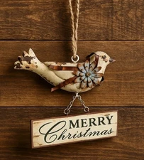 Rustic Metal Bird Ornament Merry Christmas Sign Farmhouse Country Shabby Decor