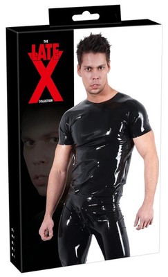 LATE X Schwarzes klassisches Latex-T-Shirt, Unisex, Größe S