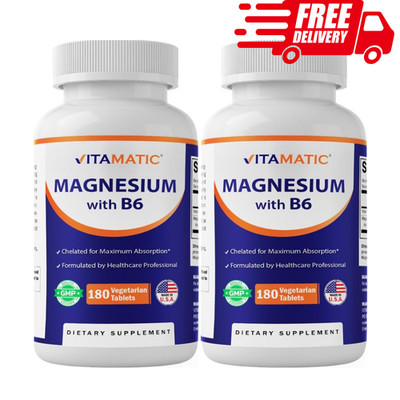 Vitamatic Magnesium with B6 180 Tablets 2 Pack, Muscle Heart Support, Vegetarian