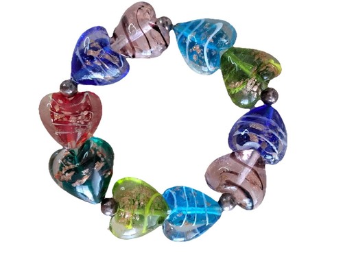 Bracciale perle cuore vetro multicolore stile Murano rame vortice argento distanziali - Foto 1 di 10