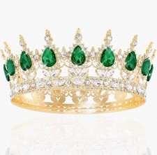 Costume Princess Tiara Green Stones, Gold-Tone Crown with Bobby Pins Cosplay