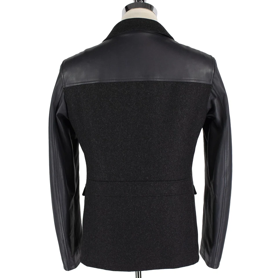 NWOT Salvatore Ferragamo Grey Black Leather Wool Panel Italy Inlay Jacket 40US - Image 2 of 4