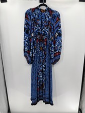 Farm Rio blue gathered printed long sleeve bohemian summer midi dress size xs