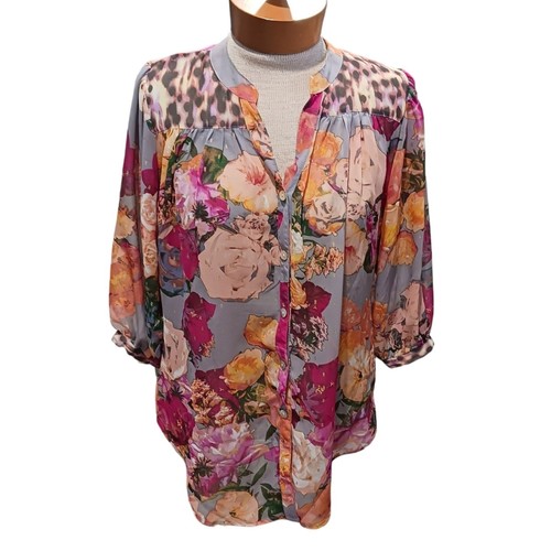 Fig & Flower Womens Blouse 3/4 Sleeve Sheer fits Size S-L Mixed Print Leopard - Picture 3 of 12