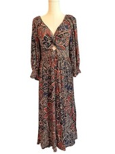 Angie Dress Womens Medium Floral Boho Midi 3/4 Sleeve Twist Keyhole Festival