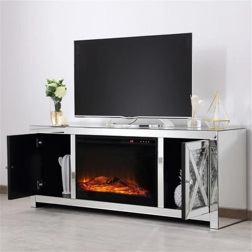 Elegant Decor Modern 2 Door 59" Clear Mirrored Faux Log Fireplace TV Stand - Picture 7 of 10