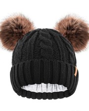 Toddler Warm Winter Hat Knitted Soft Beanie Double Faux Fur Pom Poms Kids