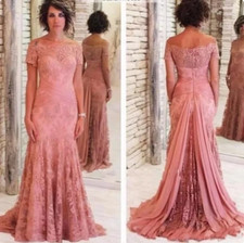 Pink Mother Of The Bride Dresses Mermaid Short Sleeves Appliques Lace Plus Size