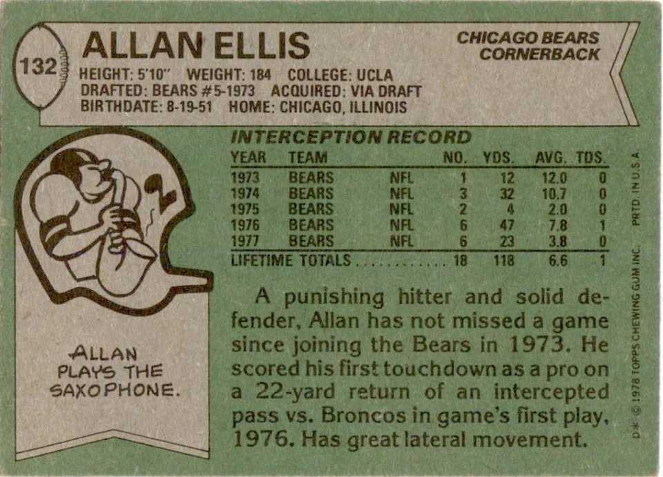 1978 Topps #132 Allan Ellis Chicago Bears EX - Image 2 of 2