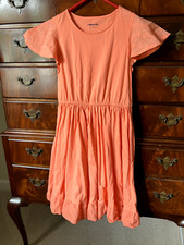 Land End dress Girls size 12 orange with eyelet sleeves elastic waist ruffle hem