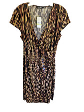 NWT Nine West Leopard Print (Camel, Brown & Black) Wrap Poly Blend Dress Size M