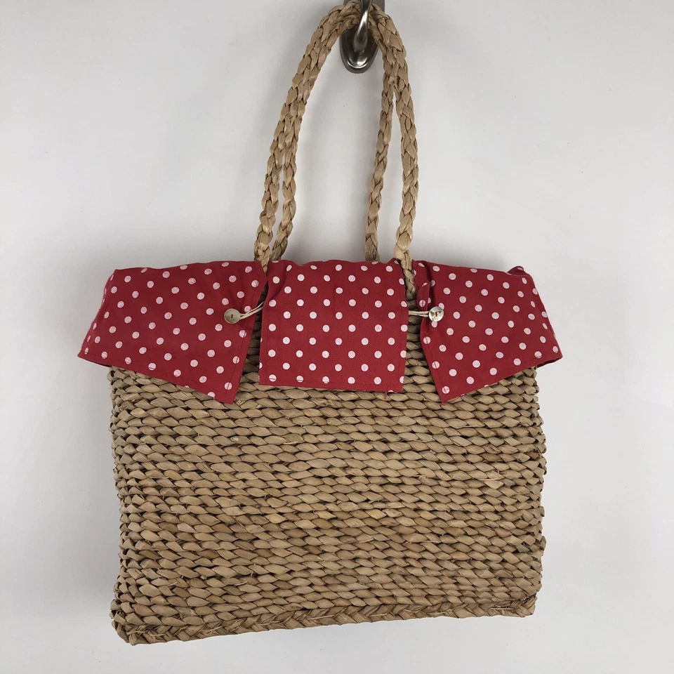 Bolso de Mano de Paja Grande 15x12x4 Extraíble Forro Bolsillo Interior Rojo Lunares AQ1 Foto 4 de 4