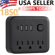 Black Surge Protector Outlet Extender 3 AC Plug  3 USB  1 USB-C Ports Charger