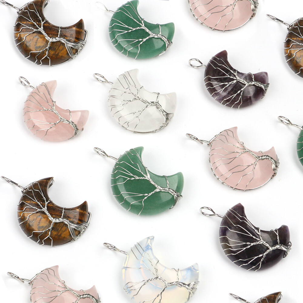 Natural Healing Crystal Quartz Wire Wrap Tree Of Life Crescent