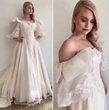 1960s Wedding Dresses Beige Vintage Puff Sleeves Classic A Line Bridal Gowns