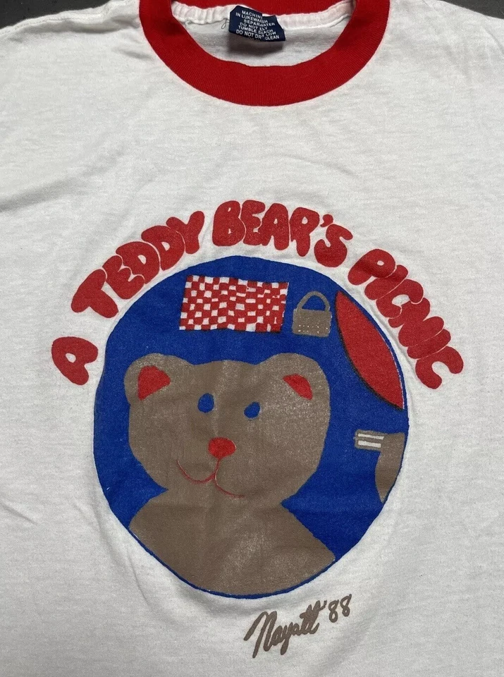Camiseta de Colección Marca Zapatilla Puntada Única Años 80 Blanco Osos de Peluche Picnic Nayatt L Foto 3 de 4