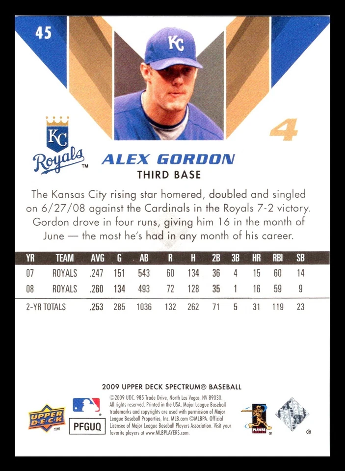 2009 Upper Deck Spectrum Alex Gordon Red /250 #45 Kansas City Royals - Image 2 of 2