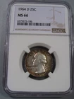 GEM BU 1964-D Silver Washington Quarter NGC MS66 Toned.  #5