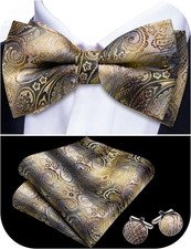 Paisley Striped Bow Tie for Men Silk Pre-Tied Bowtie Pocket Square Cufflinks Set