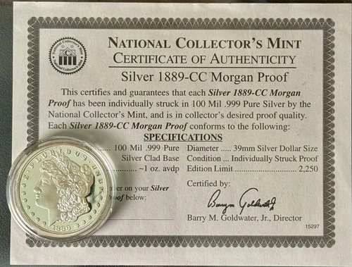 1889 CC Morgan Silver Dollar Proof Coin; National Collectors Mint; Uncirculated