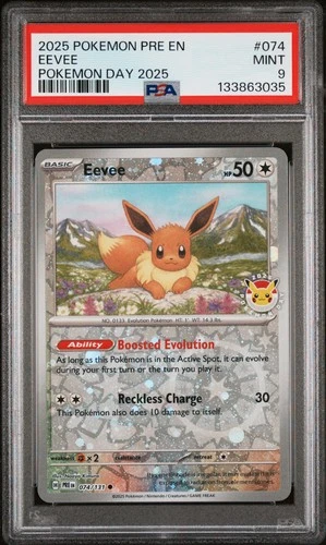2025 POKEMON PRE EN-PRISMATIC EVOLUTIONS POKEMON DAY 2025 #074 EEVEE PSA 9