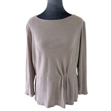 Kaileigh Taupe Cozy Minimalist Rib Knit L/S Boat Neck Peplum Top Made in USA L