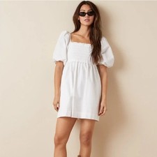 American Eagle White Smocked Puff Sleeve Mini Dress Cotton Size Large