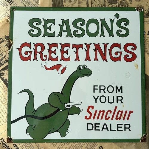 VINTAGE SINCLAIR GASOLINE DEALER SEASONS GREETINGS 12 INCH PORCELAIN ENAMEL SIGN
