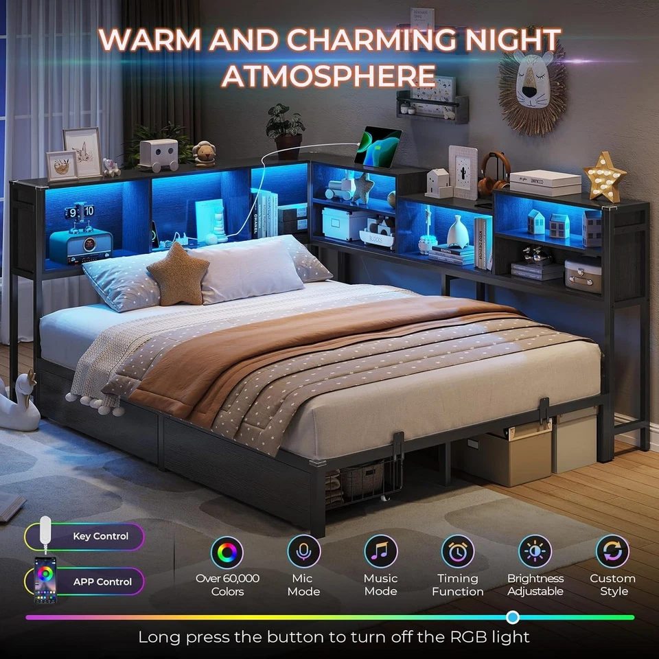 Marco de cama de esquina completo con estación de carga, luces LED, almacenamiento de estantería, cajones Foto 4 de 4