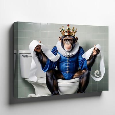 Funny Monkey King Canvas Wall Art Blue Costume with Toilet Paper Roll Print