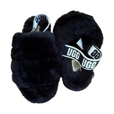 UGG Fluff Yeah Black Faux Fur Logo Strap Slide Slippers Open Toe Women's 7