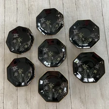 Set Of 7 Seizan Fine China Bowls Zen Pattern Black Gold Trim Flowers Japan 7.37”