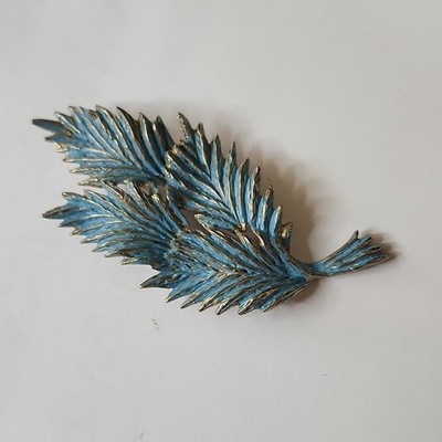 Vintage Blue Enamel Gold Tone Leaf Brooch Pin 1960s 70s Textured Spray