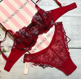 Victoria&rsquo;s Secret Wicked Bows Embroidery Unlined Balconette Bra Thong Set