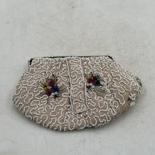 Antique Beaded Purse Ornate Flowers 1930s Cream White Silver Frame Metal Clasp