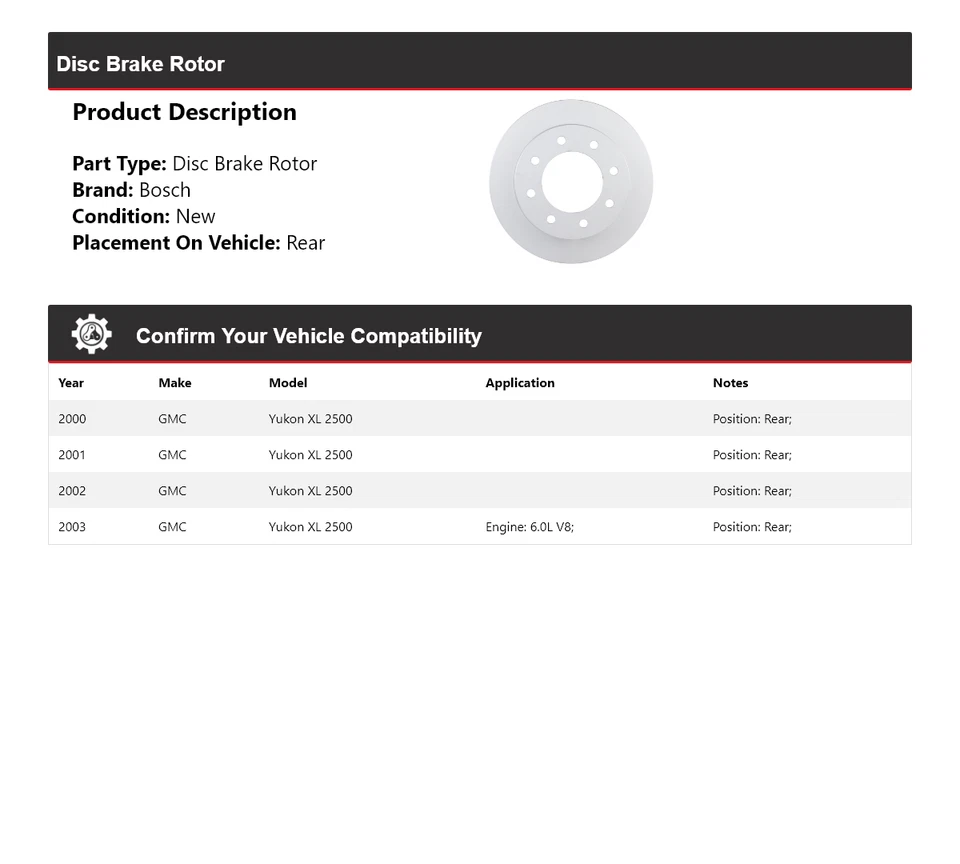 Rotor de freno de disco trasero para GMC Yukon XL 2500 2000-2003 Bosch QuietCast 2001 2002 Foto 2 de 4