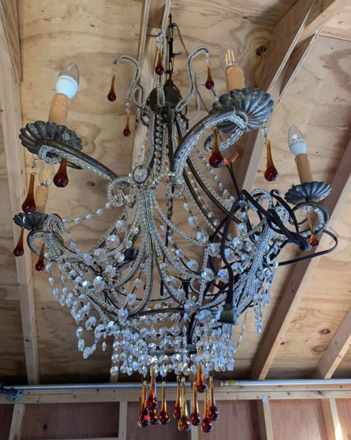 Lámpara de araña italiana vintage de 6 luces con cuentas de cristal de los años 40, transparente/naranja ámbar Foto 2 de 4