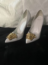 Versace Medusa, White Leather/Gold Heel, Pointed Pumps, Size 37