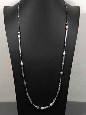 Beachy Coastal Western White Pearl Gray Stone Facete Beaded Long Toggle Necklace