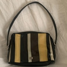 MOSCHINO Striped Patent Shoulder Bag Zip Closure Heart Charm Silver Hardware