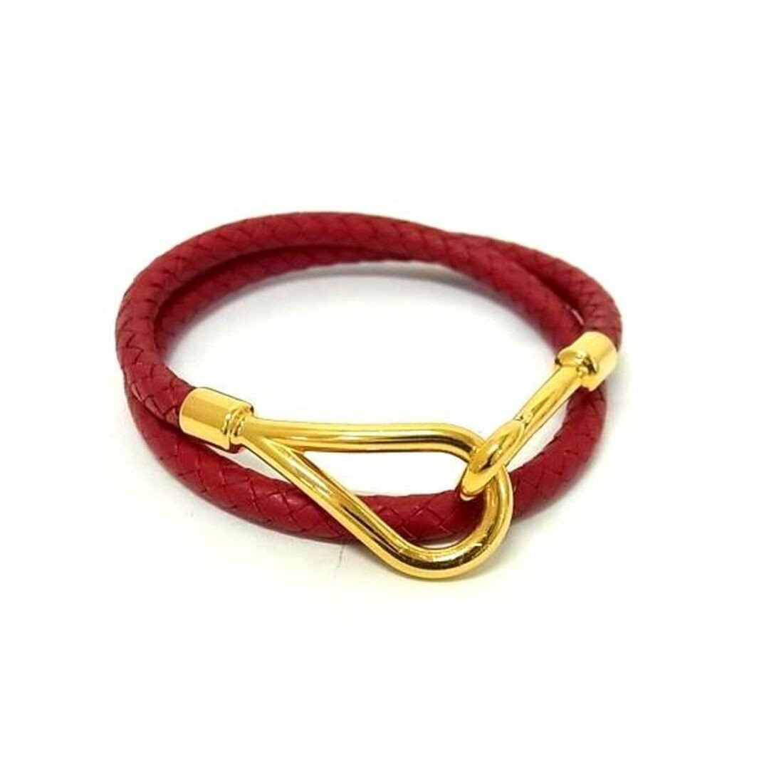 Hermes Red Leather Unisex Double Tour Choker Bracelet with Gold Metal Braid