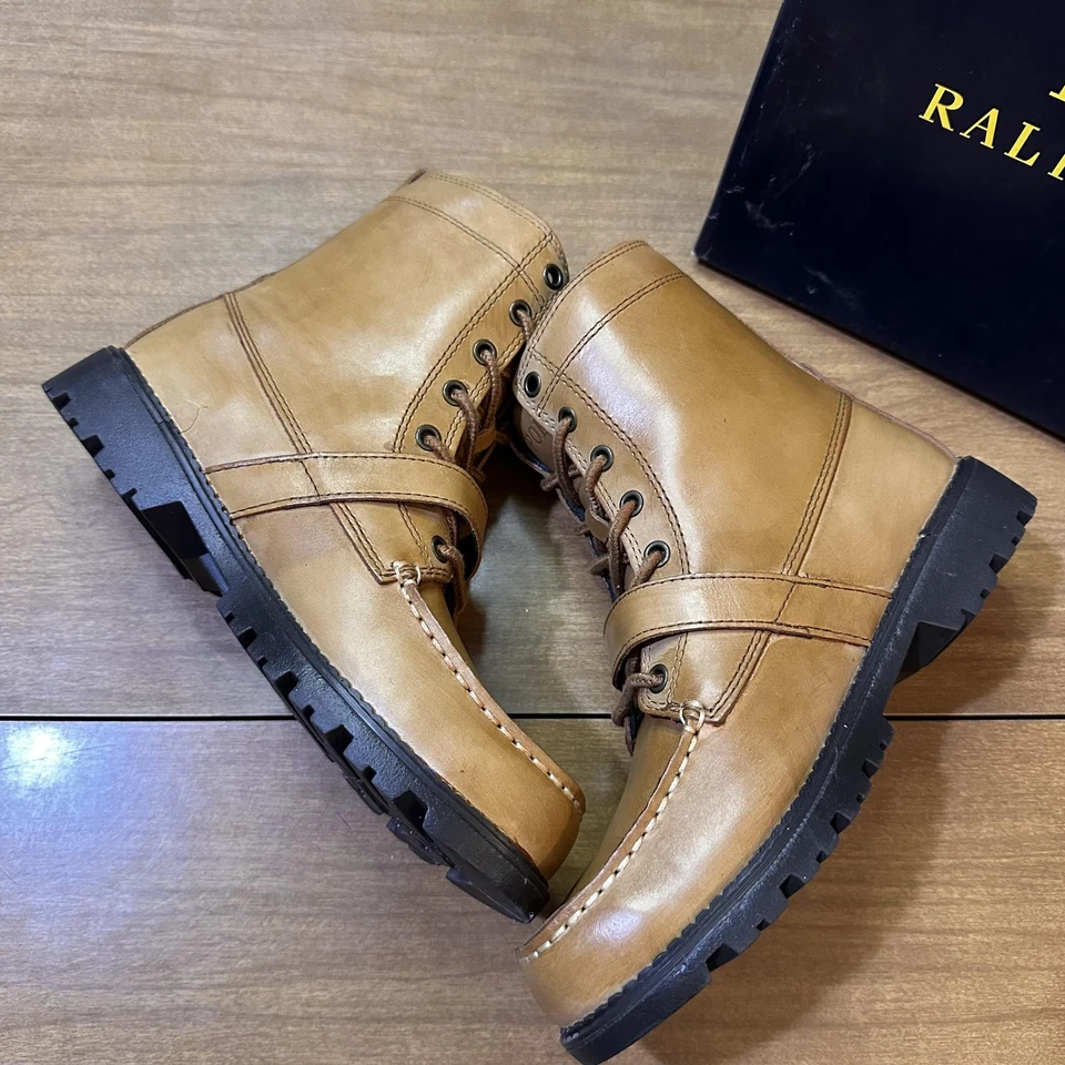 Polo Ralph Lauren Boots Youth Size 5.5 Tan Ranger Hi II Leather Strap Lace Up - Image 3 of 4
