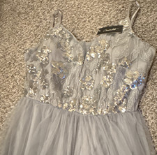 Candalite Gray Sequin Beaded Tulle Long A-Line Formal Dress M Women
