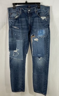 Polo Ralph Lauren Men's Blue Patchwork Distressed Bandana Slim Jeans Sz 36x32