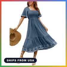 Women's Smocked Maxi Dress Square Neck Short Sleeve Summer Flowy Backless Swing