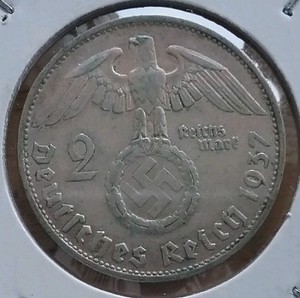 1937 G 2 Mark German Silver WWII Coin 3rd Reich Reichsmark Coin Combine